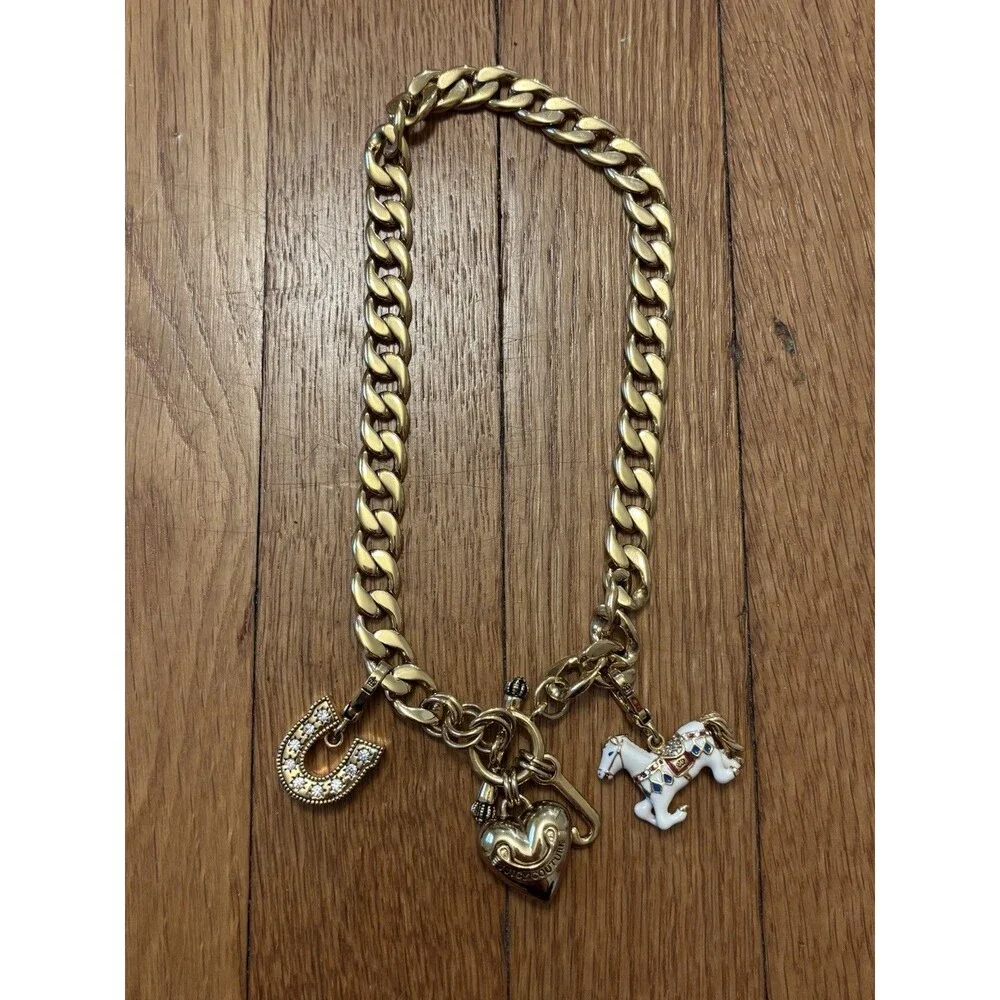 Juicy Couture Gold Heart Logo Charm Toggle Necklace Y2K Carousel Horse Horseshoe